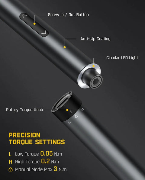 Slick Electric Screwdriver Set With Push To Release Trigger And RevoStor Magnetic Rotation Compact Precision Driver Kit showing torque settings and buttons.