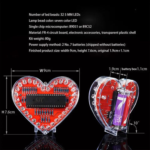 Heart Shaped LED Flashing Light Kit With 51 Microcontroller For Electronics, showcasing 32 colorful 5mm LEDs and components.