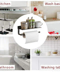 Must Have Wall Mounted Paper Towel Holder With Aluminum Build And Built In Phone Storage Shelf For Kitchen And Bathroom shown in use.