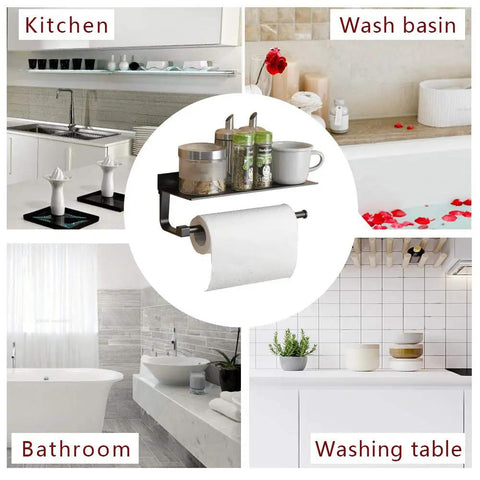 Must Have Wall Mounted Paper Towel Holder With Aluminum Build And Built In Phone Storage Shelf For Kitchen And Bathroom shown in use.