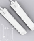 Linkable LED Tube Light Fixture Plug In Two Pack 1800 Lumen 5000 Kelvin Daylight with accessories on gray background