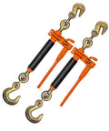 Heavy Duty Ratchet Load Binders Two Pack With Fold Down Safety Handles Grab And Slip Hooks 6600 Lb Capacity cranks tight with safety hooks.