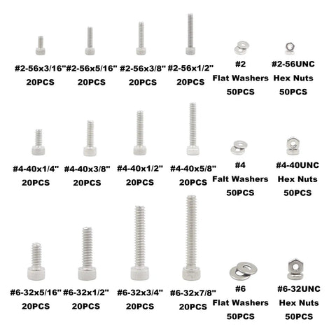 540-Piece Stainless Steel Socket Head Cap Screws, Hex Nuts, And Flat Washers All-In-One Assortment Kit For 2-56, 4-40, And 6-32 UNC Threads