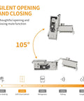 Front view of two satin-nickel concealed cabinet hinges for face-frame doors; 1/2 in overlay, 105° soft-close