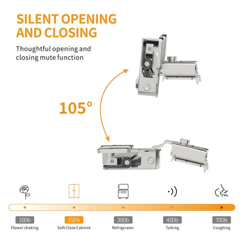30 Pack Face Frame Cabinet Hinges With Soft Close Gliding Action And Half Inch Overlay showing 105° silent opening and closing features.
