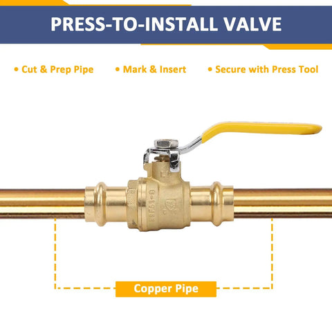 3/4 Inch Brass Press Ball Valve Full Port Heavy Duty With EPDM O Ring Seal installed on copper pipe