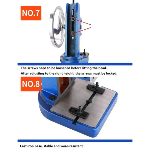 Heavy Duty Cast Iron Arbor Press With Oversized Handwheel For Stamping Bending And Forming 1320 Lbs bench workhorse showing adjustable screws and base stability.