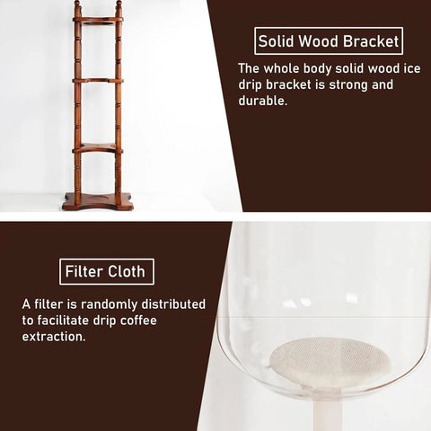 Premium Wood Base And Glass Ice Drip Cold Brew Coffee Maker With Adjustable Stainless Steel Valve three liter tower wood bracket and filter cloth