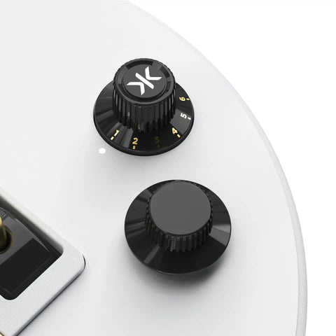 Close-up of control knobs on Les Paul Pro Edition Alpine White Guitar Controller For PC Switch Android And More, Ultra Wide Multi-Platform Compatibility With Cloud Gaming Support For Xbox Cloud Gaming And Luna, Keyjam Mode Included.