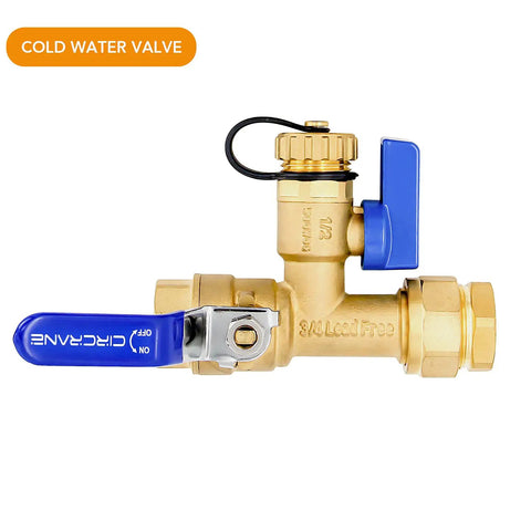 Three Quarters Inch IPS Tankless Water Heater Isolation Valve Kit, lead-free brass, cold water valve with blue handle