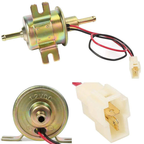 12V Electric Fuel Pump Kit Universal For Carburetor Engines, close-up of pump, wiring, and connector details, ensures 2.5-4 PSI output.