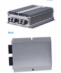 No Sweat Installation 12 To 58 Point 4 Volt Dc Dc Step Up Boost Converter Module with front and back views, aluminum housing.