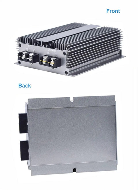No Sweat Installation 12 To 58 Point 4 Volt Dc Dc Step Up Boost Converter Module with front and back views, aluminum housing.