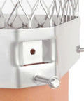 Close-up of Bolt On Galvanized Steel Chimney Cover For Single Flue With Three Quarter Inch Mesh Fits Outside Clay Flue Tile Nine By Nine Inches Black Weatherproof Bird Debris Rain Snow Downdraft Protection showing metal mesh and bolts.