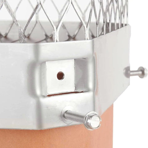 Close-up of Bolt On Galvanized Steel Chimney Cover For Single Flue With Three Quarter Inch Mesh Fits Outside Clay Flue Tile Nine By Nine Inches Black Weatherproof Bird Debris Rain Snow Downdraft Protection showing metal mesh and bolts.