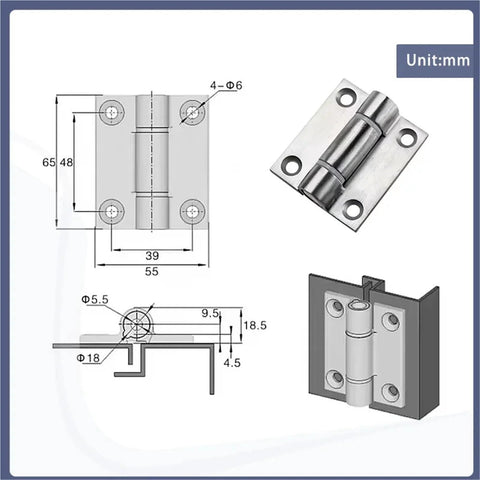 304 stainless steel electrical cabinet door hinge for folding doors; torque hinge, 1 piece, with four Ø6 mounting holes