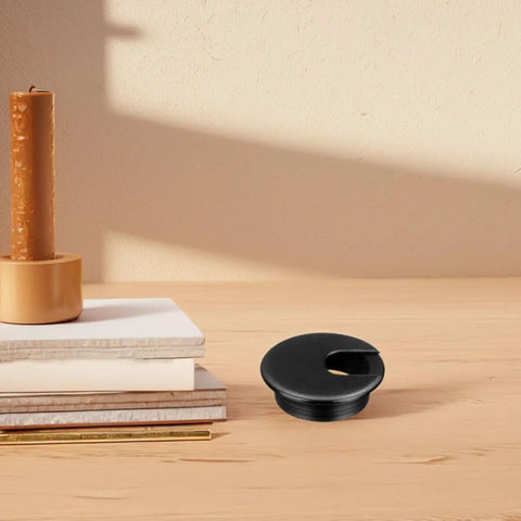 Sturdy Round Plastic Cable Grommet Kit With Easy Tool-Free Installation Covers Desk Cord Holes For Home And Office Cable Management Wear Resistant 10 Pack, black desk grommet on wooden table
