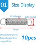 Super Cool 10 Pack Dual Hook Stainless Steel Tension Springs With Tight 5mm Outer Diameter And Tough Wire Gauge, size display.