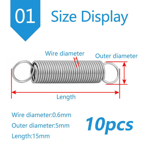 Super Cool 10 Pack Dual Hook Stainless Steel Tension Springs With Tight 5mm Outer Diameter And Tough Wire Gauge, size display.