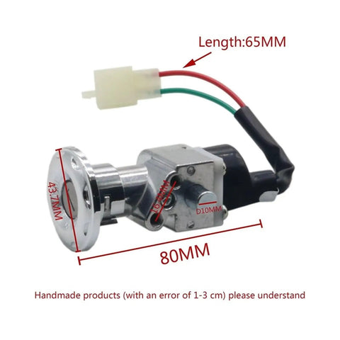 Universal Motorcycle Ignition Key Switch With Power Lock For Motorcycles Scooters And Electric Bikes Dual Wiring Ride Ready Durable Housing Easy To Install Restores Start Function In Unresponsive Ignition Systems, chrome finish, dimensions labeled
