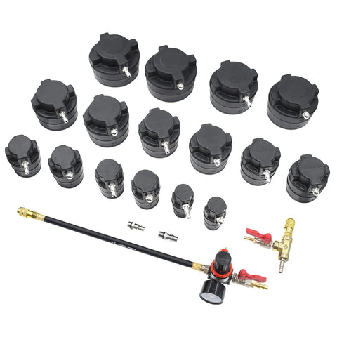Front view of Yuesstloo 19-piece turbo leak tester kit: black plastic stepped adapters, air pressure gauge, hoses, fittings