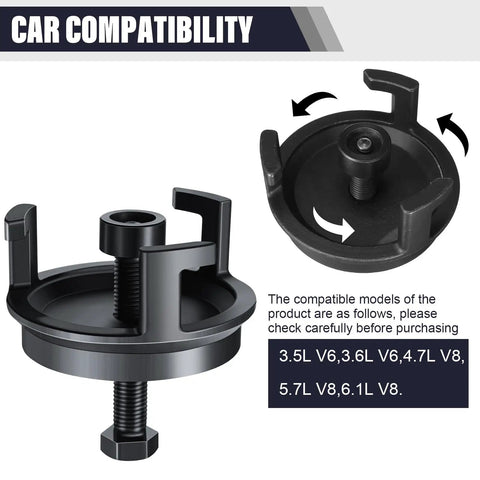 Heavy Duty Harmonic Balancer Puller Kit For Crank Pulley Removal With A Zero Hassle Clip Grip, showcasing compatibility details.