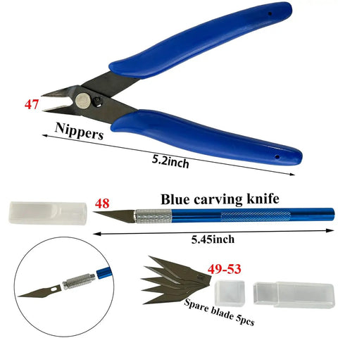 DIY Tool Kit For Gundam Gunpla Building And Dollhouse Miniatures With Precision Knives Ruler Files Tweezers Drill Set And Alligator Clip Accessories For Model Kits Hobbyists And Craft Enthusiasts showing blue carving knife and nippers with dimensions