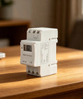 Programmable Timer Switch With Weekly Cycle For Automatic On Off Of Lights And Appliances No Fuss Setup 16 Daily On Off Periods Capacitive Touch Buttons Reliable Circuit Protection Easy Home Automation white digital time switch on wooden table