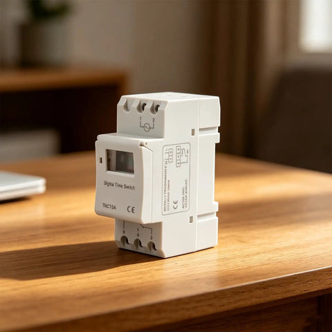 Programmable Timer Switch With Weekly Cycle For Automatic On Off Of Lights And Appliances No Fuss Setup 16 Daily On Off Periods Capacitive Touch Buttons Reliable Circuit Protection Easy Home Automation white digital time switch on wooden table
