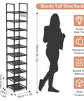 Tall Narrow Metal Shoe Rack Organizer With 10 Tier Design for Entryway, black rack showcasing dimensions and features