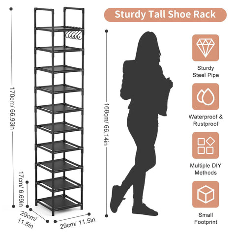 Tall Narrow Metal Shoe Rack Organizer With 10 Tier Design for Entryway, black rack showcasing dimensions and features