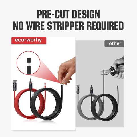 Beefy Solar Extension Cable 10 Ft 10 AWG 30 Amp DC IP67 Waterproof with quick connectors shown with pre-cut design for easy use