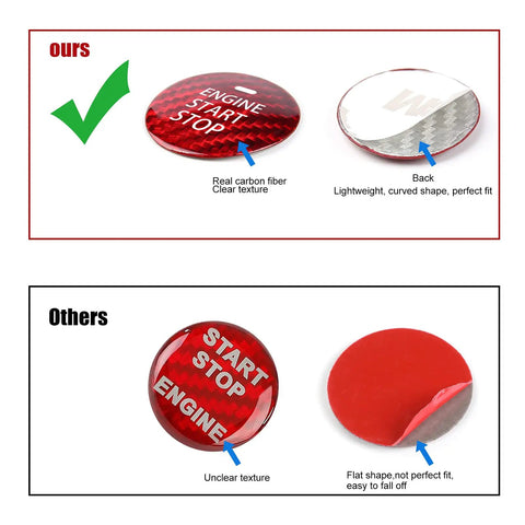 Comparison of Mazda Real Carbon Fiber Start Stop Button Cover vs others, focusing on texture and fit for Mazda 3 6 CX3 CX5 CX9 MX5 Miata