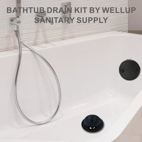 Bathroom showing installed Matte Black Lift And Turn Tub Drain Conversion Kit with two hole overflow faceplate.