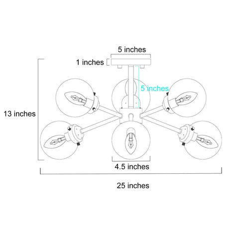 Diagram of Lit Gold Semi Flush Mount Chandelier For Dining Room And Kitchen, 25.2 Inches Wide By 13 Inches High, Eight Arm Rod.