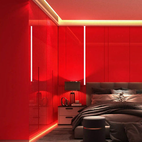 Bedroom with Red Glossy Peel And Stick Wallpaper Vinyl Wrap With Glitter Finish on walls, enhancing modern decor with self adhesive application.