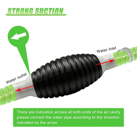 Heavy Duty Liquid Siphon Pump With Three Foot PVC Hose showing water inlet and outlet with strong suction detail.