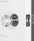 Classic Rosette Round Clear Crystal Door Knob For Vintage Home Restoration And Old School Vibe on white door