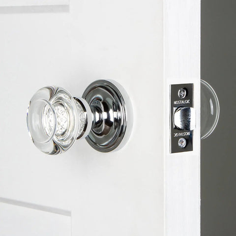 Classic Rosette Round Clear Crystal Door Knob For Vintage Home Restoration And Old School Vibe on white door