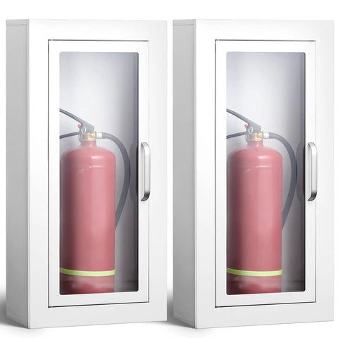 Go To Double Pack 10 Lb Fire Extinguisher Cabinet For Wall Or Surface Mount White Steel Box With Handle, front view