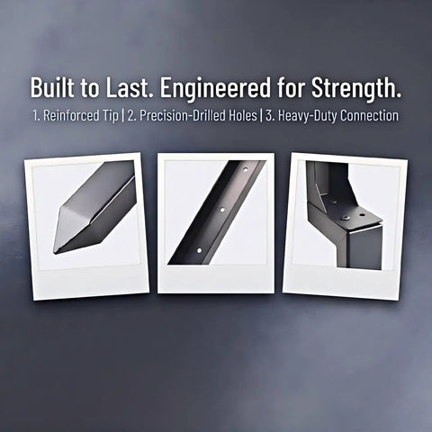 Beefy Heavy-Duty Fence Post Repair Kit Four Pack With Sturdy Anchors And Stabilizers For Leaning Posts Fits Wood And Metal Fence Posts Includes Screws And Wrench For A Quick Fix, showing reinforced tips and precision-drilled holes