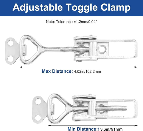 Beefy Toggle Clamp Kit 304 Stainless Steel, Adjustable Locking Mechanism, 91 to 102 mm, showing max and min distances