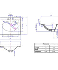 Technical drawing of Cultured Marble Vanity Top With Integrated Oval Sink 19 Inch Wide 17 Inch Deep Ivory Swirl Finish details.