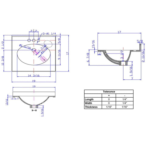 Technical drawing of Cultured Marble Vanity Top With Integrated Oval Sink 19 Inch Wide 17 Inch Deep Ivory Swirl Finish details.