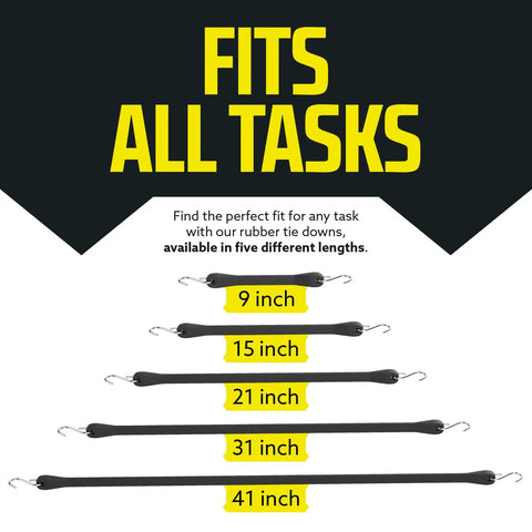 41 Inch Tarp Straps Pack of 50 Natural Rubber Bungee Tie Downs for Flatbed Trailers With Metal S Hooks shown in five sizes