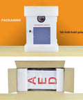 Front view of AED Safe defibrillator cabinet, white metal with blue access panel and key lock.