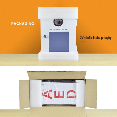 Front view of AED Safe defibrillator cabinet, white metal with blue access panel and key lock.