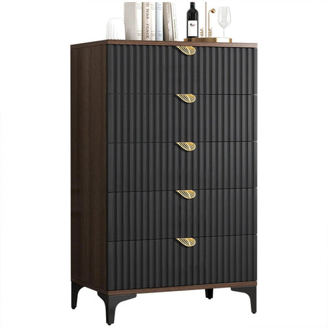 Solid Brass Edge Pulls For Cabinets And Dressers In Brushed Gold Finish Four Pack Knob And Pull Set With Smooth Polished Edges installed on black dresser