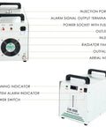 Front and top view of CW-3000 Water Chiller For Laser Engraving Machines, showing controls and ports for industrial cooling system