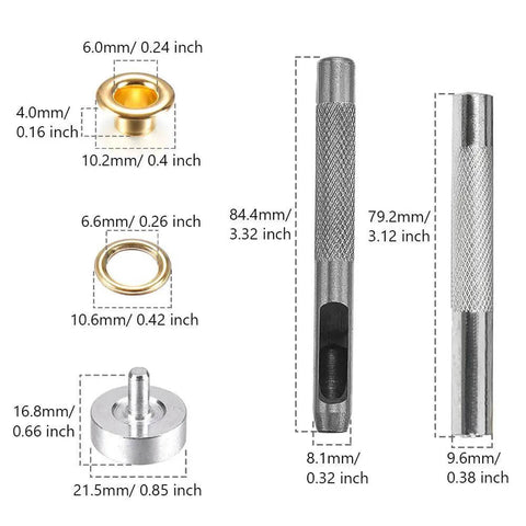 All In One Leather Grommet Kit 6mm Quarter Inch With 200 Eyelets In Gold Black Silver Bronze Includes 3 Grommet Tools, dimensions